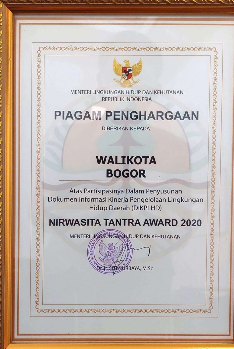 DLH Kota Bogor Terima Penghargaan Nirwasita Tantra Award 2020 dari Menteri Siti Nurbaya