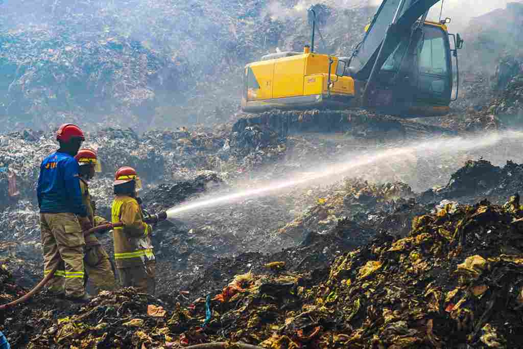 Alat berat ekskavator dan petugas pemadam menyemprotkan air pada gundukan sampah yang terbakar di TPAS Galuga.