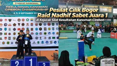 Suasana sengit dan penuh sportivitas saat pertandingan pencak silat tingkat nasional di Cirebon yang memperlihatkan aksi tangguh para atlet cilik di atas gelanggang.