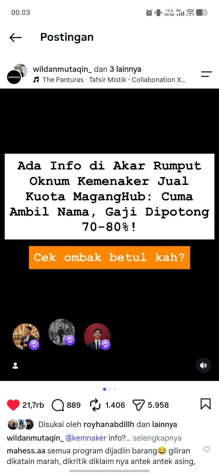 Guncang MagangHub Kemenaker, Akun IG Aktivis BEM PTMA Diretas!