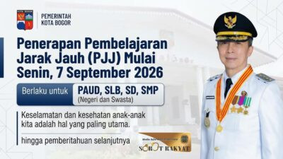 Pembelajaran Jarak Jauh Kota Bogor dengan foto Wali Kota Dedie A. Rachim dan pengumuman resmi PJJ mulai 7 September 2026.
