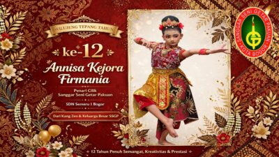 Poster ucapan selamat ulang tahun ke-12 Annisa Kejora Firmania, siswi SDN Semeru 1 Bogor sekaligus penari cilik Sanggar Seni Getar Pakuan berbusana adat Sunda.