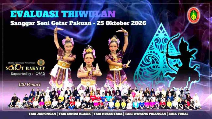Suasana evaluasi triwulan Sanggar Seni Getar Pakuan Kota Bogor tanggal 25 Oktober 2026 yang menampilkan 120 penari cilik dengan busana tradisional Sunda dan latar grafis pewayangan.
