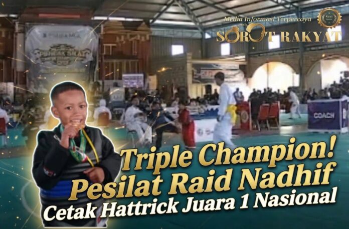 Treble Winner! Pesilat Cilik Bogor Raid Nadhif Sapu Bersih 3 Emas Raid Nadhif Lazuar pesilat cilik asal Kota Bogor menunjukkan medali emas juara 1 nasional pencak silat.